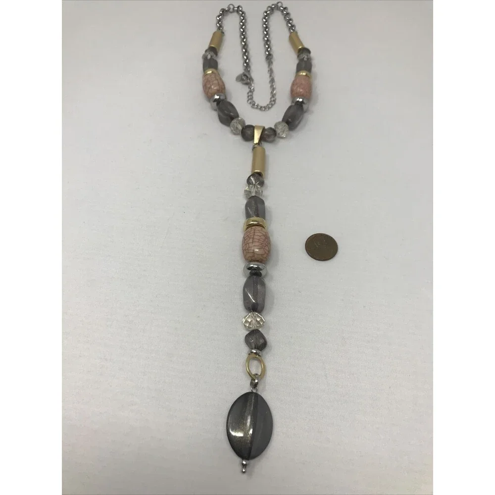 CHICO'S Necklace Chunky Beads Pink Gray Clear Gold Tone Statement